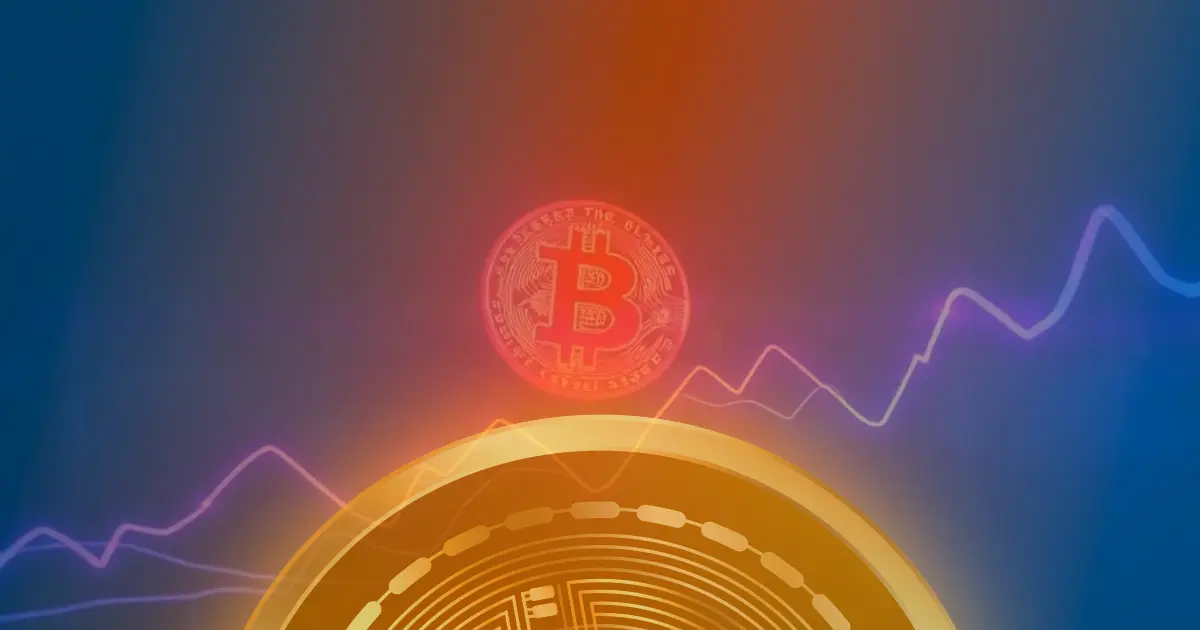 Gráfico em alta do preço de uma criptomoeda com linhas de neon azul e roxo sobre fundo escuro.