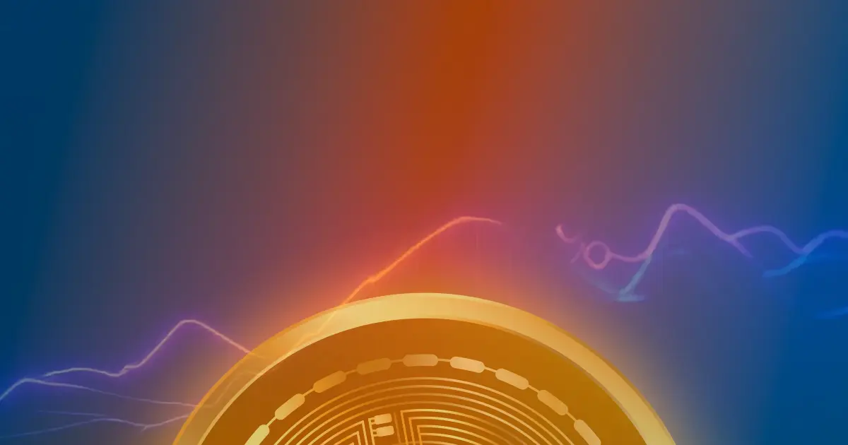 Gráfico em alta do Bitcoin com linhas de neon azul e roxo subindo abruptamente sobre fundo escuro, representando a volatilidade do mercado de criptomoedas.