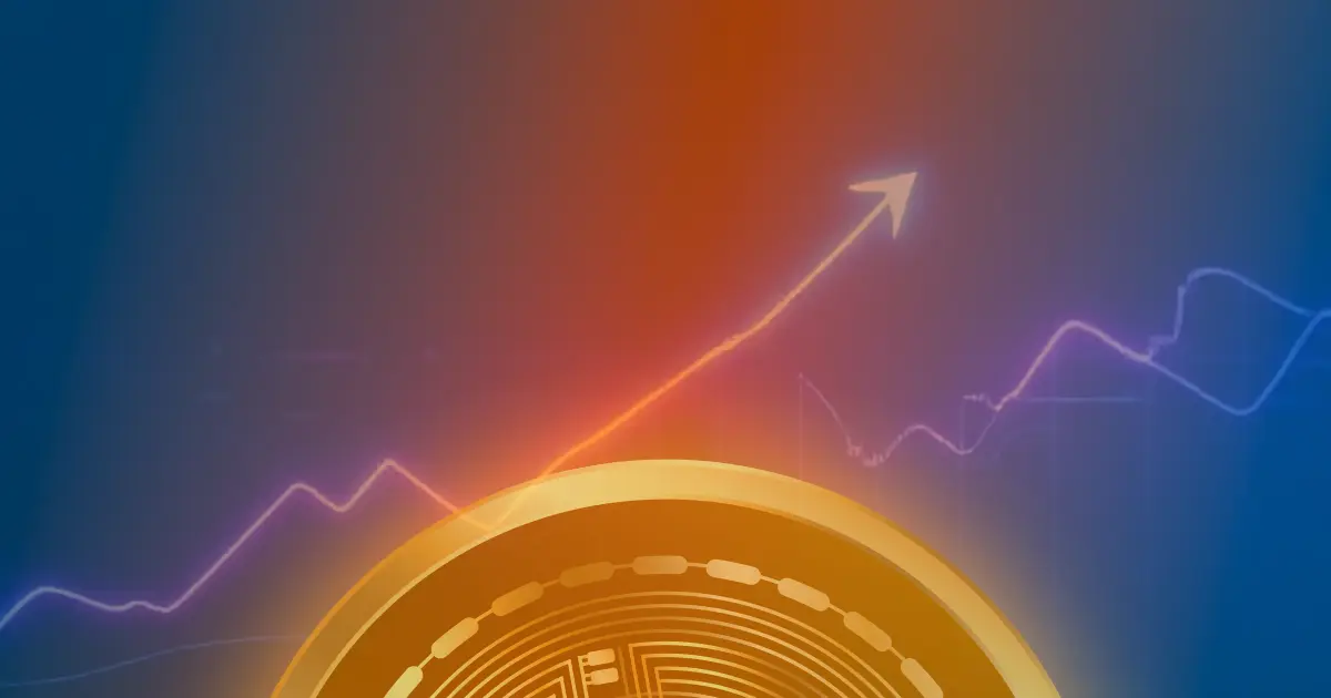 Gráfico ascendente estilizado do Bitcoin com seta em neon azul e roxo, representando alta de 50% no preço.