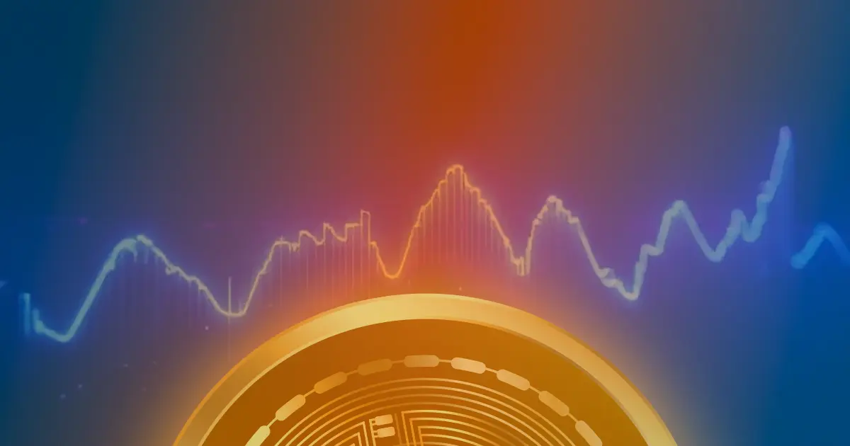 Gráfico ascendente luminoso do Bitcoin em tons de azul e roxo, representando a valorização da criptomoeda.