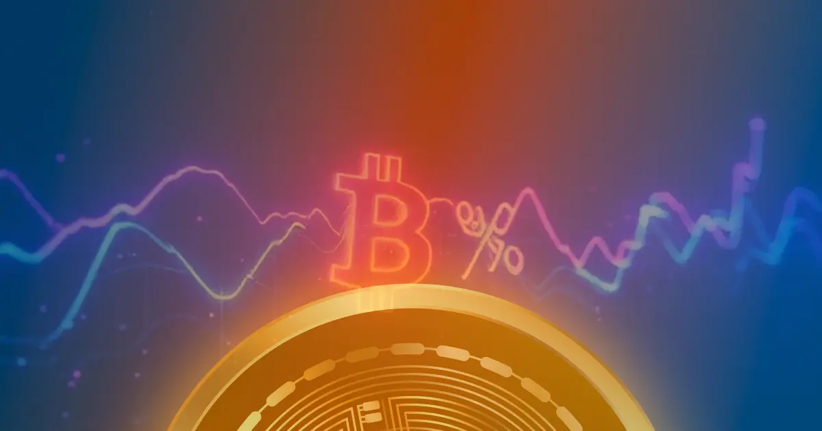 Gráfico ascendente luminoso em azul e roxo representando a valorização de 50% do Bitcoin e o crescimento do mercado de criptomoedas.