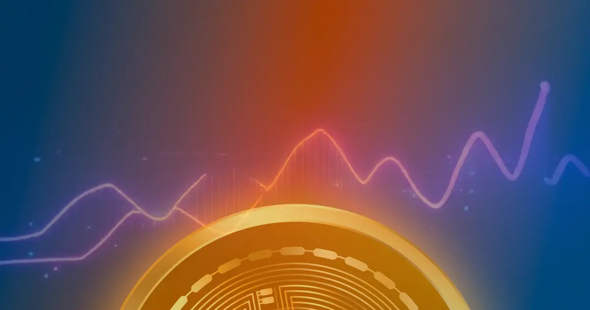 Gráfico ascendente luminoso representando a valorização do Bitcoin em um conceito abstrato de criptomoeda.