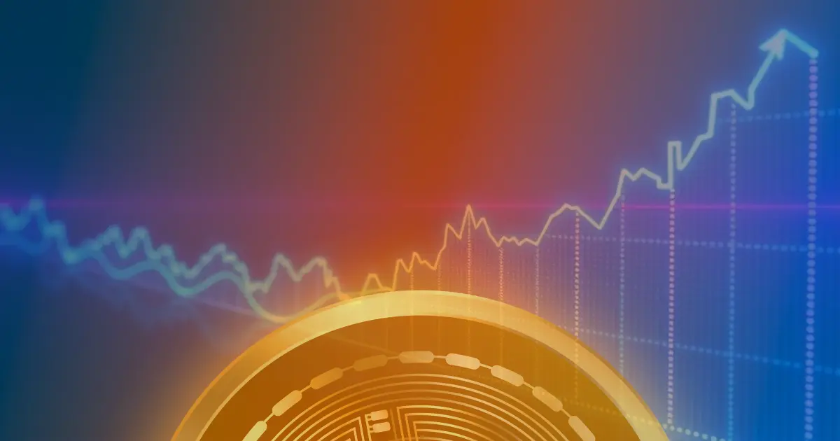 Gráfico ascendente do Bitcoin com linhas de néon azul e roxo sobre fundo escuro, representando a valorização das criptomoedas.