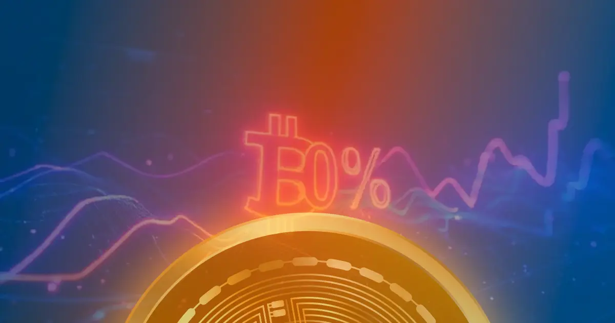 Gráfico ascendente de 50% em linhas de néon azul e roxo, representando a valorização do Bitcoin em um fundo escuro futurista.