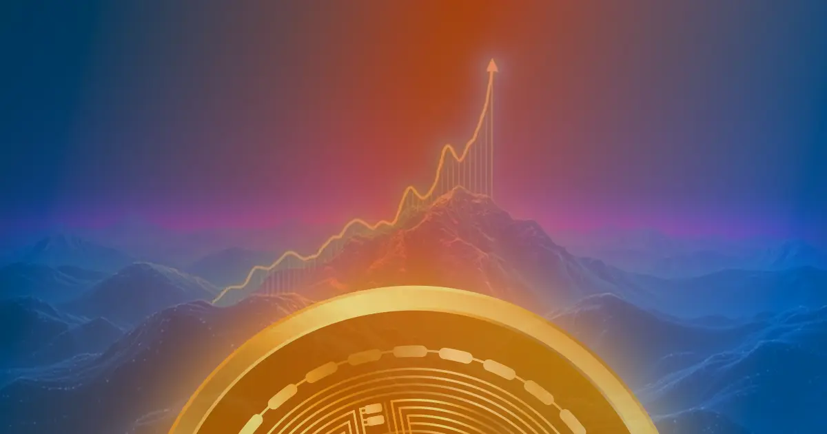 Gráfico de linha ascendente do Bitcoin em tons de azul e roxo sobre um fundo escuro futurista.