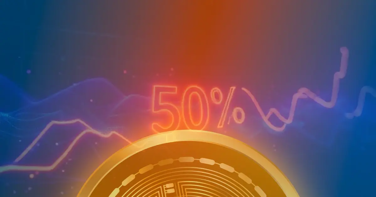 Gráfico ascendente de 50% em linhas de néon azul e roxo, representando a valorização do Bitcoin em um fundo escuro futurista.