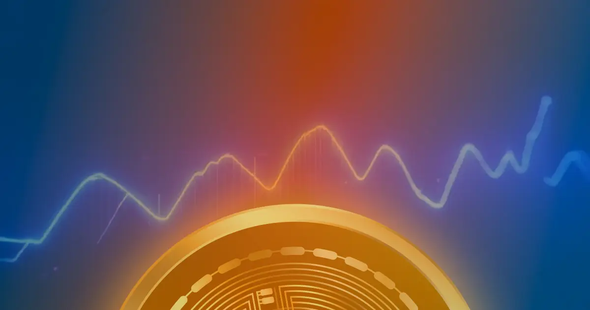 Gráfico abstrato e ascendente do Bitcoin em cores neon sobre fundo escuro, representando a valorização da criptomoeda.