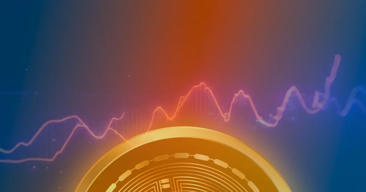 Gráfico ascendente luminoso representando a valorização do preço do Bitcoin em um fundo escuro.