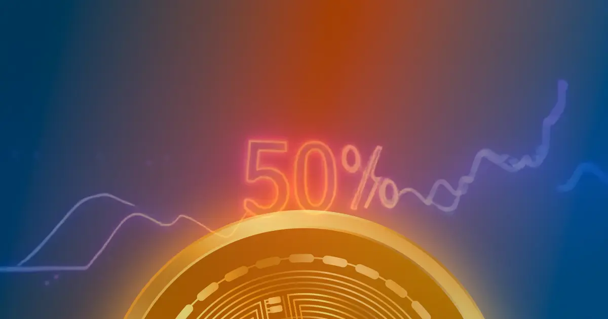 Gráfico ascendente de 50% em linhas de néon azul e roxo, representando o preço do Bitcoin em fundo escuro.