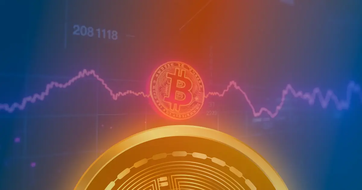 Gráfico abstrato com linhas neon de Bitcoin flutuando sobre visualização de dados em fundo escuro.