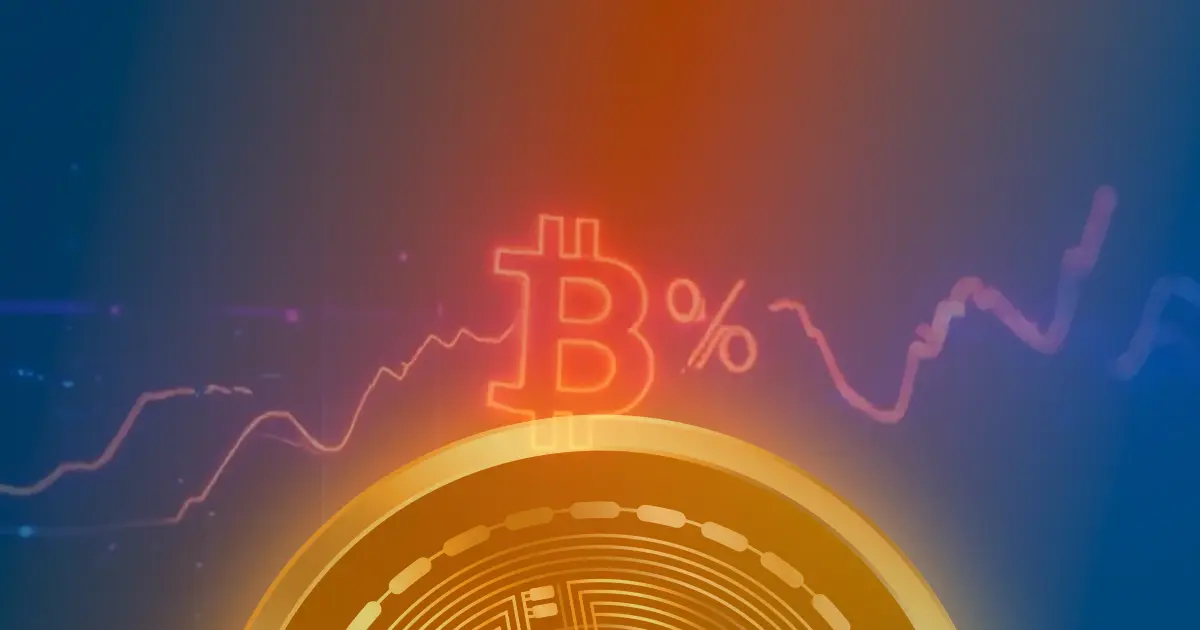 Gráfico ascendente do Bitcoin com linhas de neon azul e roxo sobre fundo escuro, representando a valorização da criptomoeda.