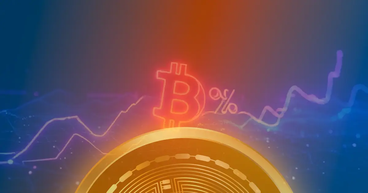 Gráfico ascendente do preço do Bitcoin em linhas de néon azul e roxo sobre fundo escuro, representando conceito de criptomoeda.