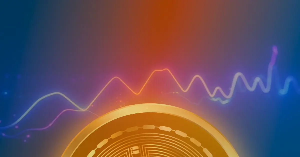 Gráfico abstrato de criptomoedas com linhas de neon azul e roxo subindo em um fundo escuro, representando a valorização do Bitcoin.