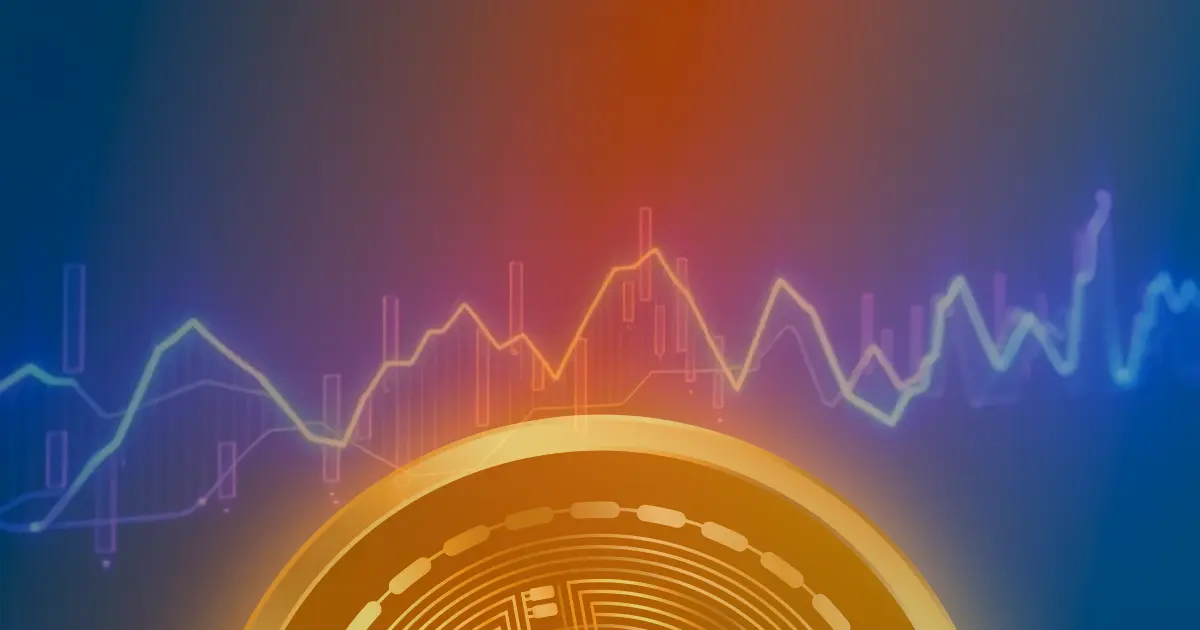 Gráfico ascendente do preço do Bitcoin em linhas de néon sobre fundo escuro, representando o conceito de criptomoeda.