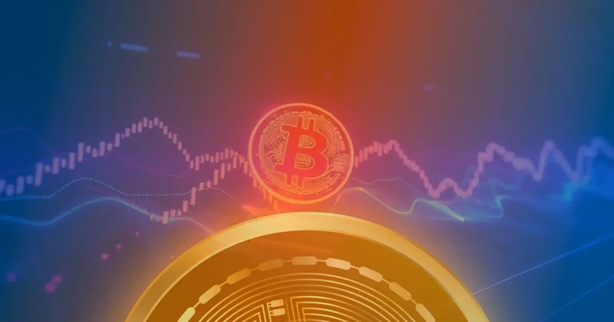 Gráfico abstrato de criptomoeda com linhas neon azuis e roxas sobrepostas a um gráfico de mercado, representando o conceito de Bitcoin.