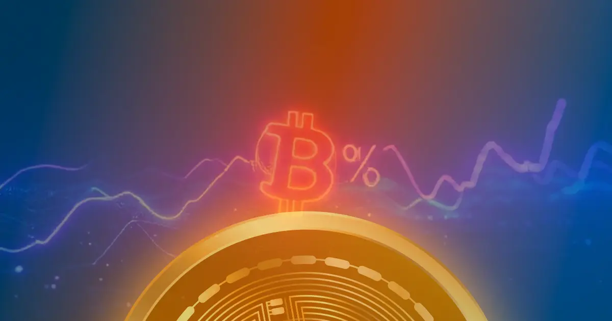 Gráfico ascendente de Bitcoin com linhas de neon azul e roxo sobre fundo escuro, representando a valorização da criptomoeda.