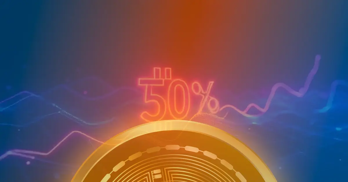 Gráfico ascendente de 50% em linhas de néon sobre fundo escuro, representando a alta do preço do Bitcoin e o conceito de criptomoeda.