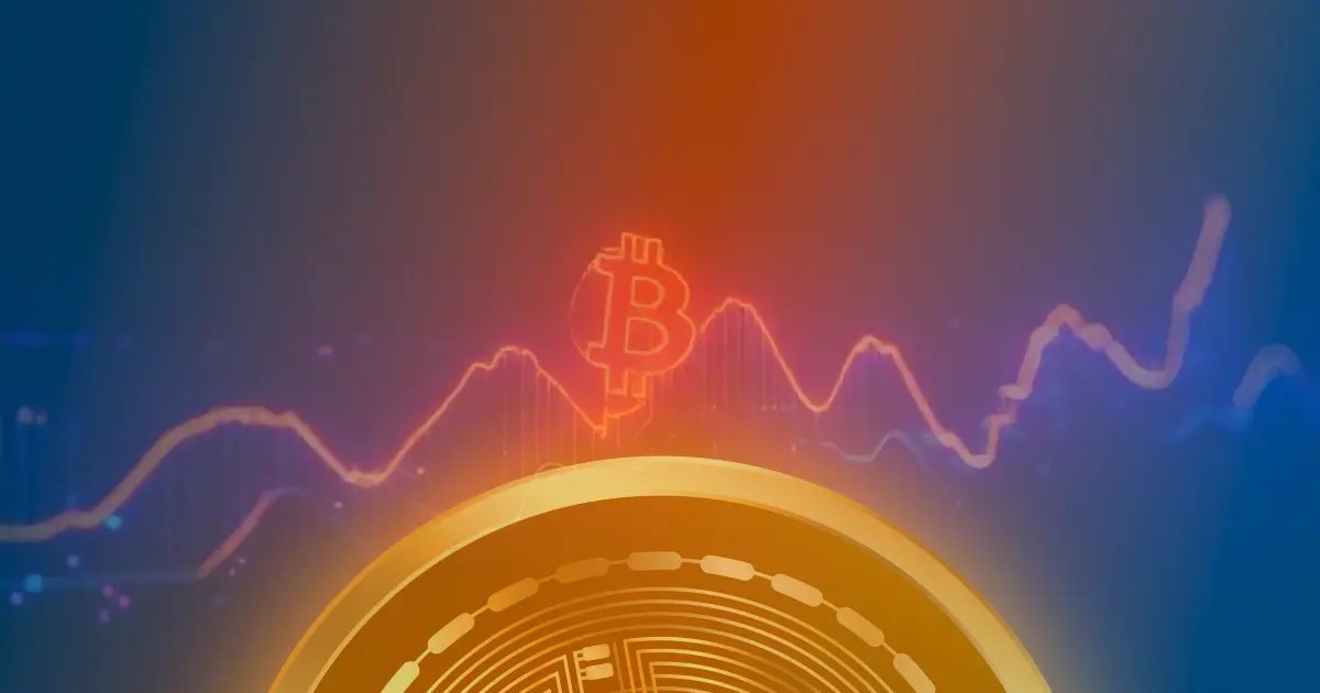 Gráfico ascendente de Bitcoin com linhas de dados neon azul e roxo sobre fundo escuro, simbolizando crescimento do mercado de criptomoedas.