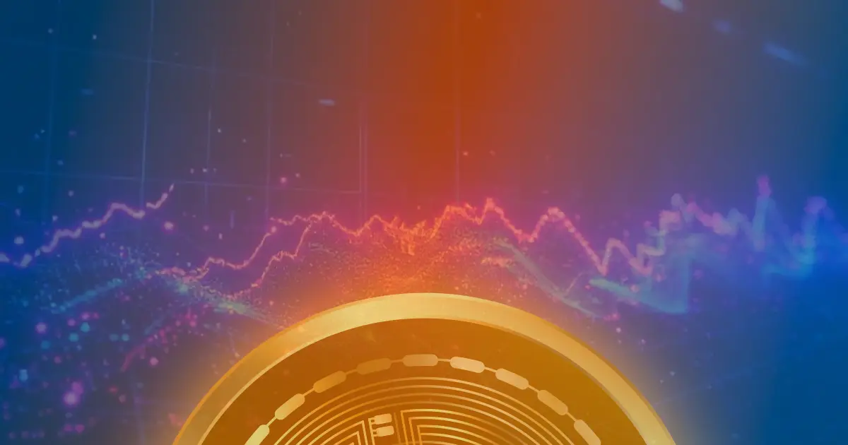 Gráfico abstrato de alta tecnologia mostrando a valorização do Bitcoin e das criptomoedas em um fundo escuro, com linhas neon azuis e roxas.