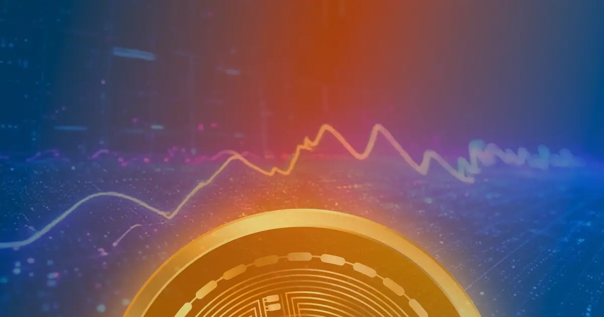 Gráfico ascendente de preço do Bitcoin em meio a uma rede blockchain digital, com fundo escuro e iluminação em azul e roxo vibrante.