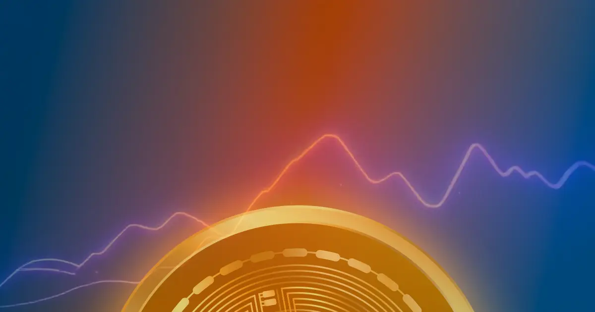Gráfico ascendente de criptomoedas com linhas de néon azul e roxo, representando a valorização do mercado após a aprovação regulatória.