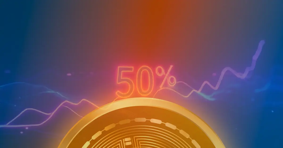 Gráfico ascendente em neon azul e roxo representando a valorização do preço do Bitcoin em fundo escuro.