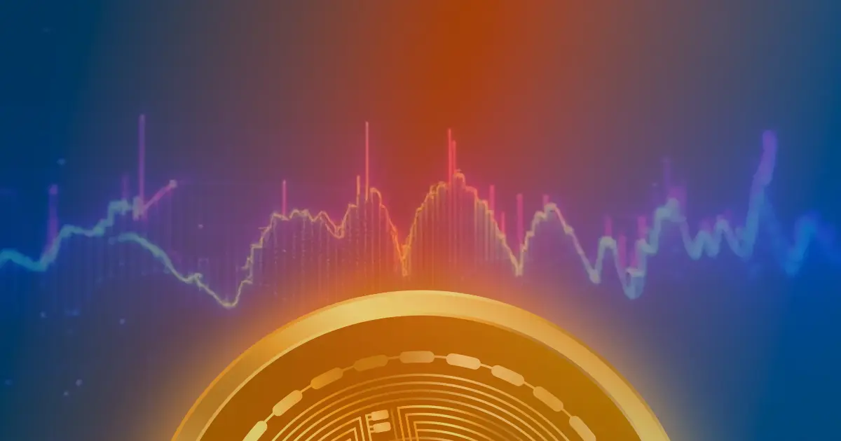 Gráfico ascendente do preço do Bitcoin em tons vibrantes de azul e roxo sobre fundo escuro.