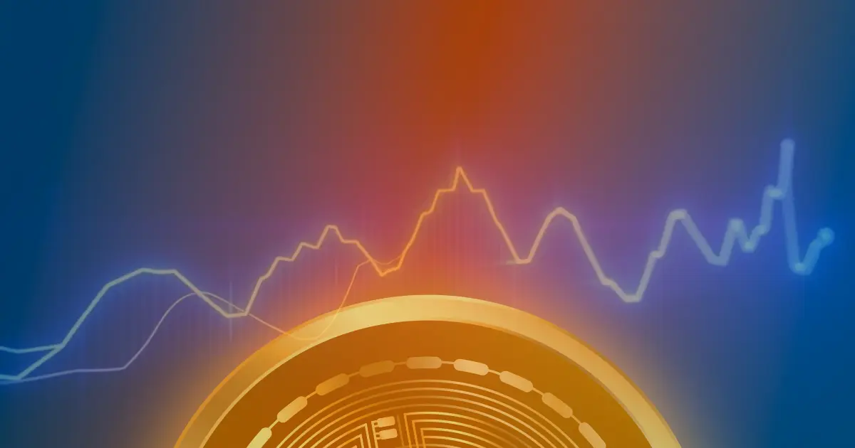 Gráfico ascendente do preço do Bitcoin em linhas de néon sobre fundo escuro, representando o mercado de criptomoedas.