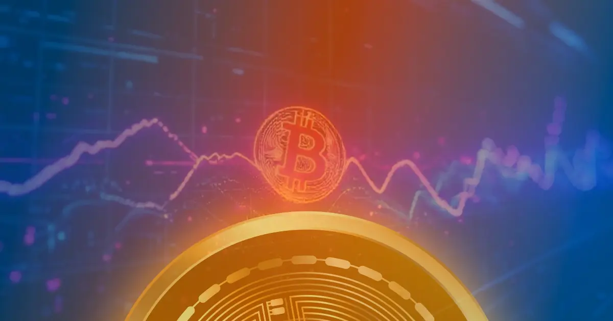 Gráfico de linha mostrando a alta do preço do Bitcoin em meio ao crescimento do mercado de criptomoedas, com visualização de dados em linhas de néon sobre fundo escuro.