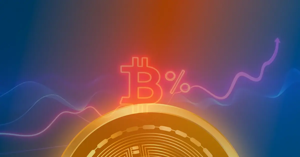 Gráfico ascendente do preço do Bitcoin com linhas de neon azul e roxo sobre fundo escuro.