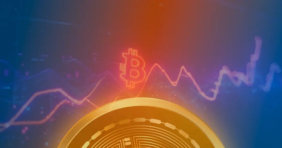 Gráfico ascendente de criptomoedas com linhas de neon azul e roxo sobre fundo escuro, representando crescimento do mercado.