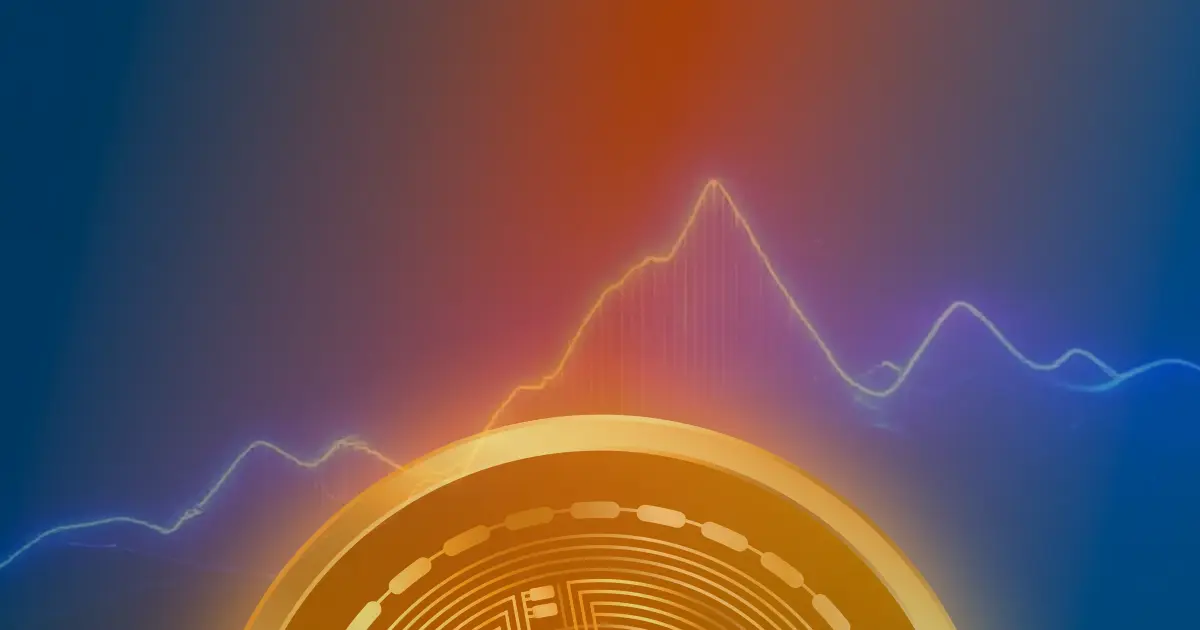 Gráfico ascendente luminoso representando a valorização do preço do Bitcoin, com linhas neon em azul e roxo sobre fundo escuro.