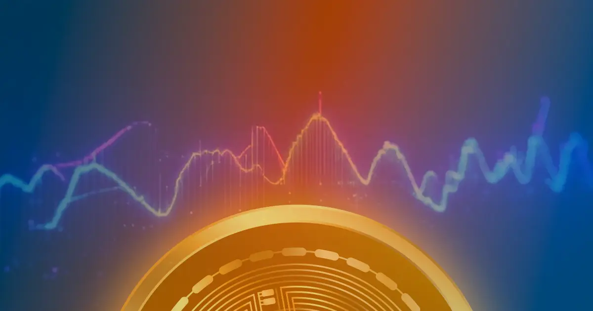 Gráfico ascendente do preço do Bitcoin com linhas de dados neon azul e roxo sobre fundo escuro.