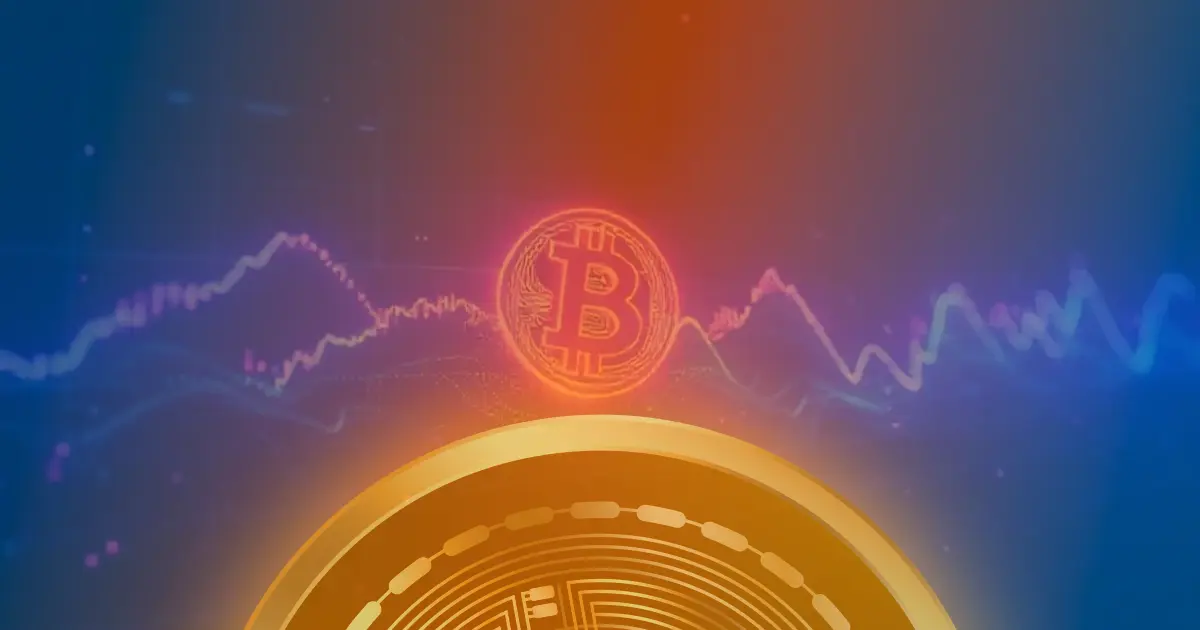 Gráfico abstrato com linhas neon azuis e roxas representando a alta do preço do Bitcoin em fundo escuro.