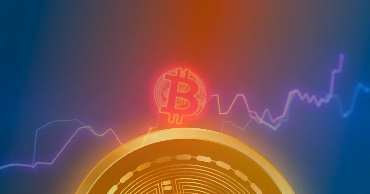 Gráfico de linha ascendente com cores neon representando a alta de 50% no preço do Bitcoin em fundo escuro.