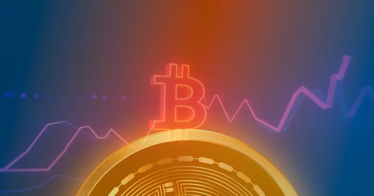 Gráfico ascendente do Bitcoin com linhas de neon azul e roxo sobre fundo escuro, representando a alta recente de 50%.