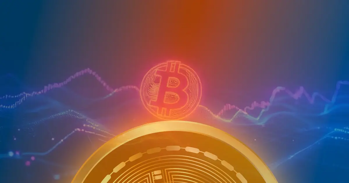 Gráfico abstrato com linhas neon azuis e roxas mostrando um aumento de 50% no preço do Bitcoin em fundo escuro.