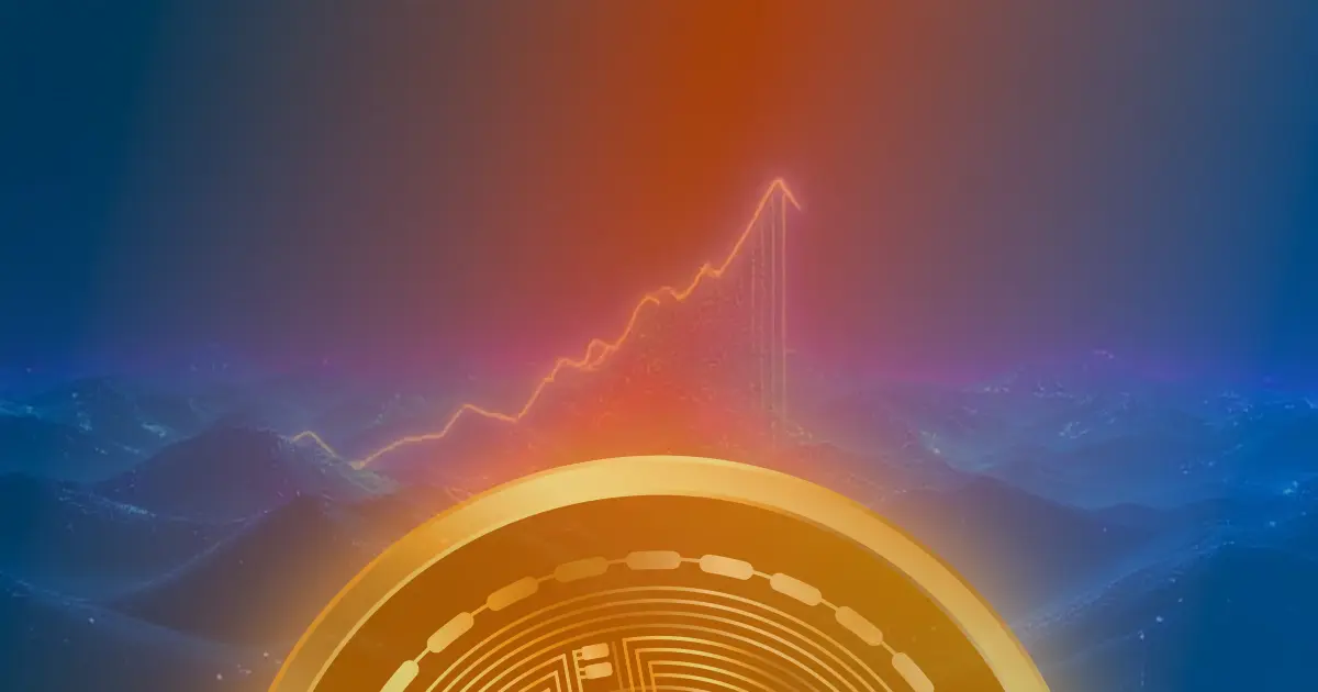 Gráfico de linha ascendente brilhante representando a valorização de 50% do preço do Bitcoin em um fundo escuro futurista.