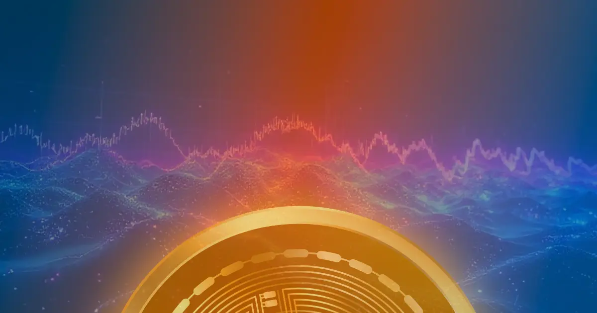 Gráfico de dados e visualização digital abstrata representando a alta do preço do Bitcoin, com linhas neon azuis e roxas sobre fundo escuro.