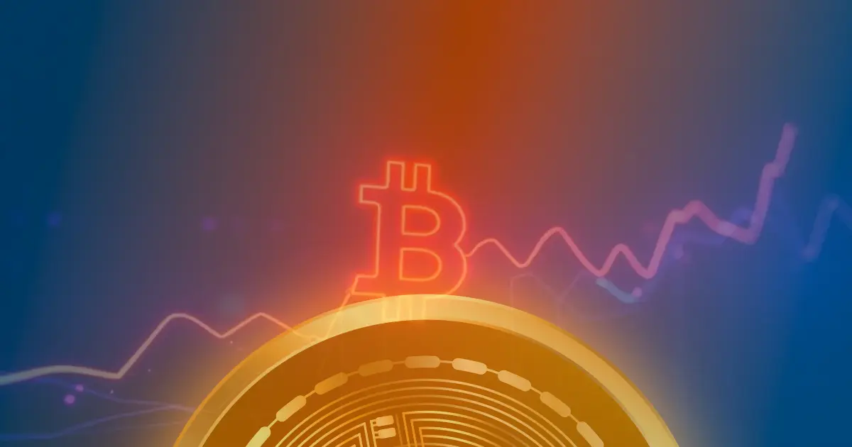 Gráfico ascendente com linhas de néon azul e roxo representando a valorização do Bitcoin e a complexidade do mercado de criptomoedas.