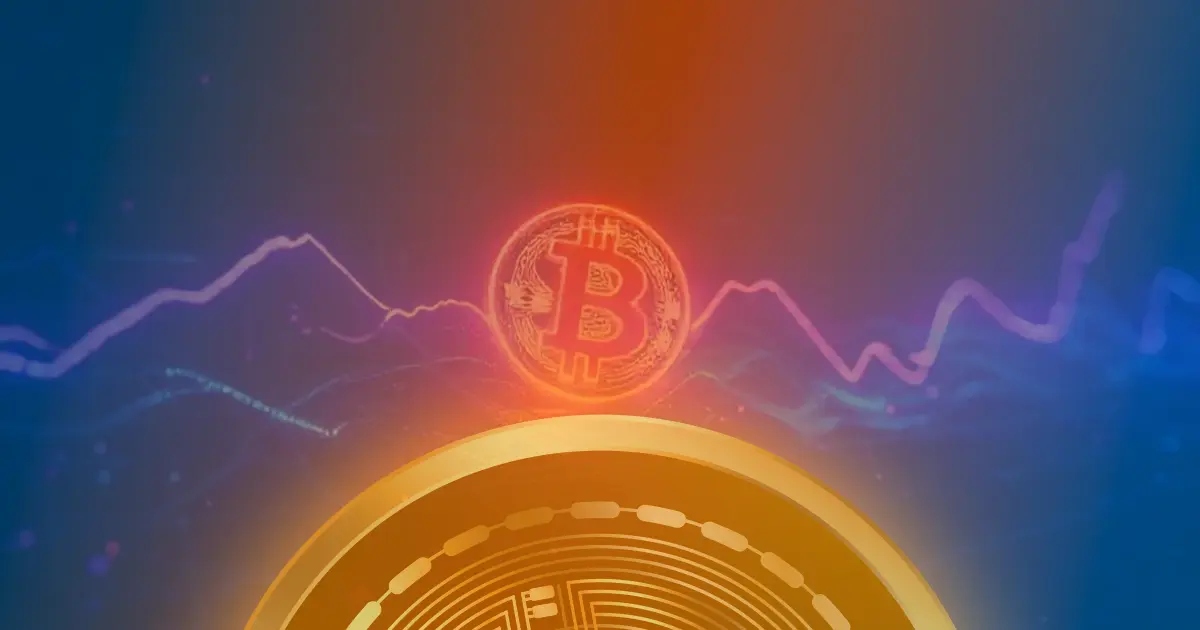 Gráfico abstrato de linhas neon azul e roxo mostrando a valorização do Bitcoin e o crescimento do mercado de criptomoedas.