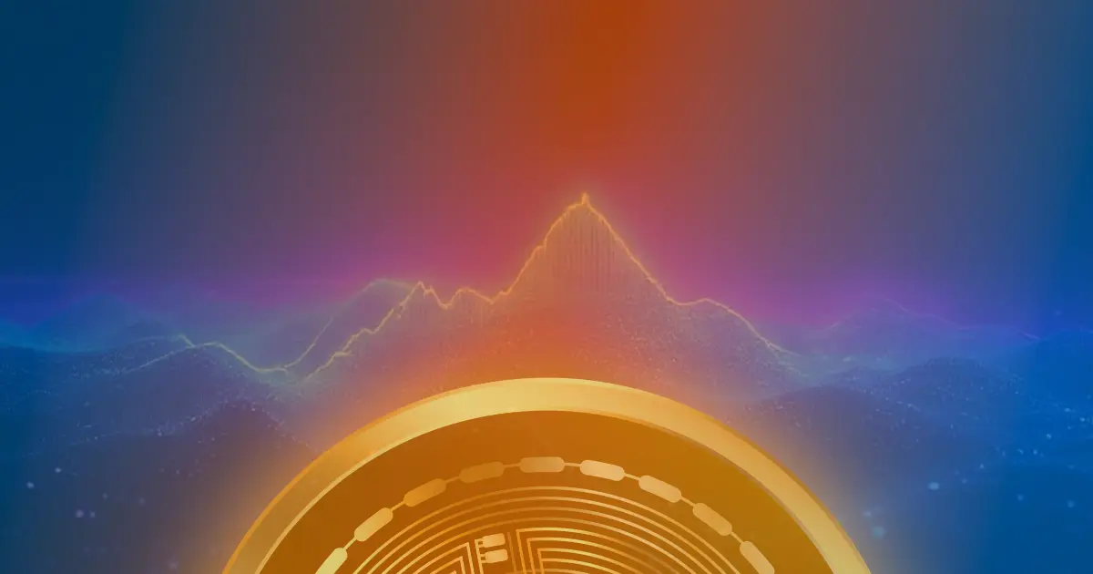 Gráfico ascendente do preço do Bitcoin sobre um fundo escuro com gradiente azul e roxo.