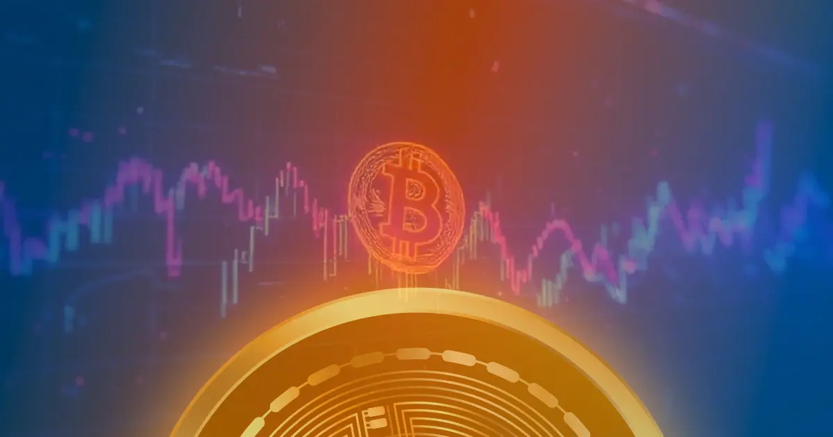 Gráfico de criptomoedas em alta com linhas neon azuis e roxas sobre fundo escuro, ilustrando o crescimento do mercado.