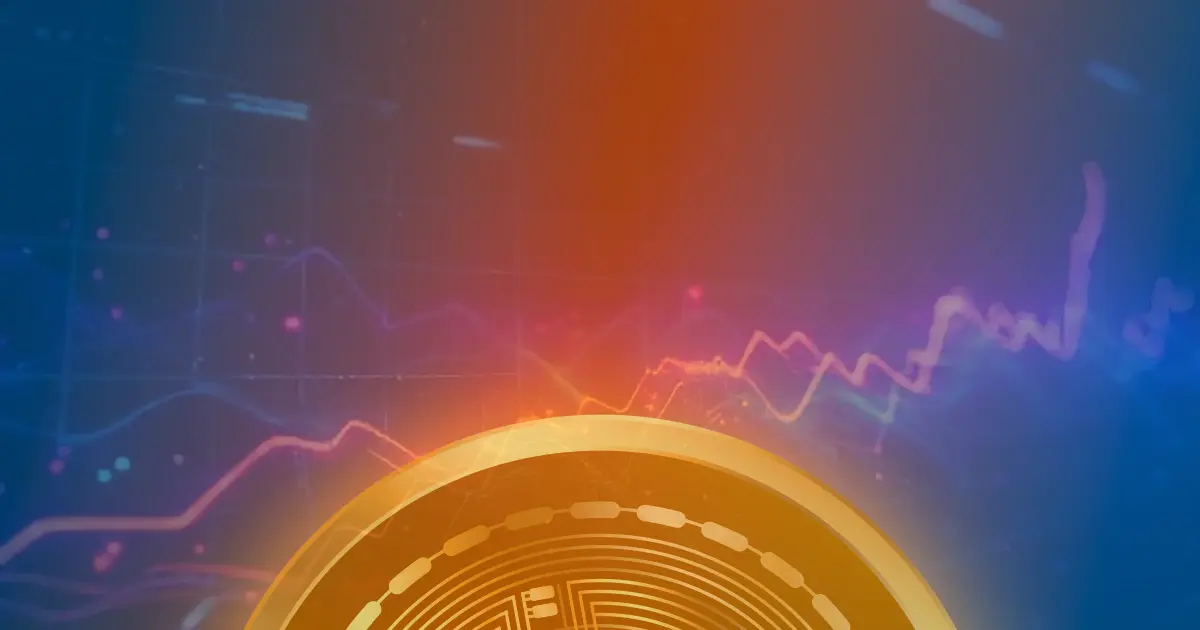 Gráfico ascendente do mercado de criptomoedas com linhas de neon vibrantes sobre fundo escuro, ilustrando a valorização do Bitcoin.