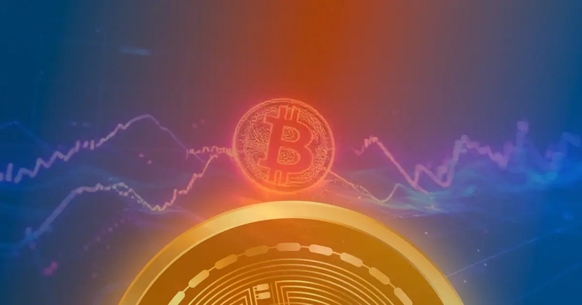 Gráfico abstrato de criptomoedas com linhas neon e visualização de dados, refletindo a alta do Bitcoin em fundo escuro.