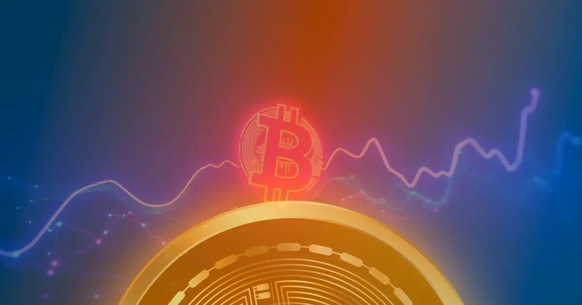 Gráfico ascendente de criptomoedas com linhas neon azul e roxo, representando alta de preço e tecnologia blockchain.