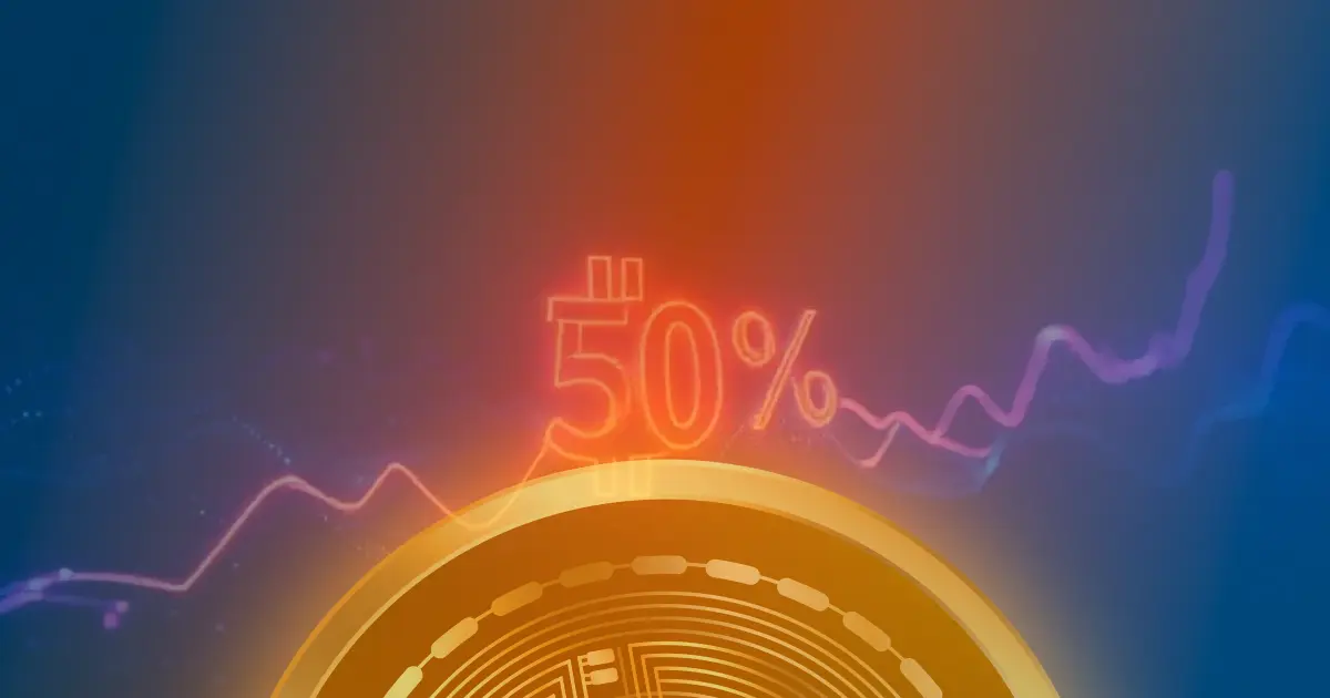 Gráfico ascendente de 50% em linhas de néon sobre criptomoedas, com fluxos de dados azuis e roxos em fundo escuro.