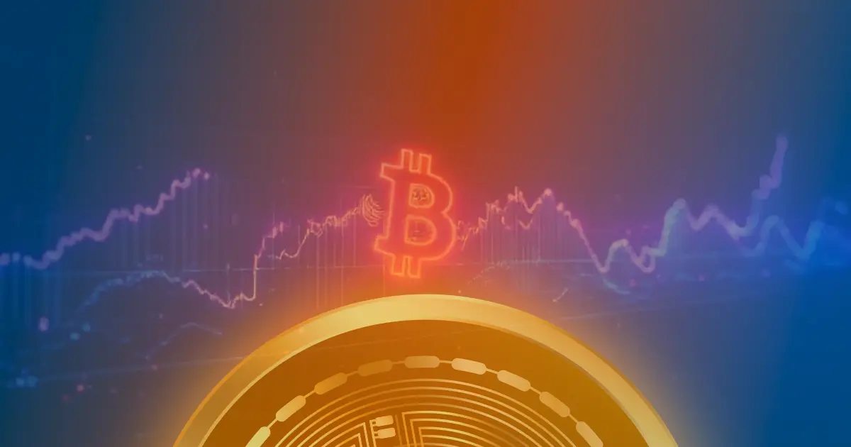 Gráfico futurista de criptomoedas com linhas de neon e blockchain se fundindo a um gráfico de mercado, em tons de azul e roxo vibrantes.