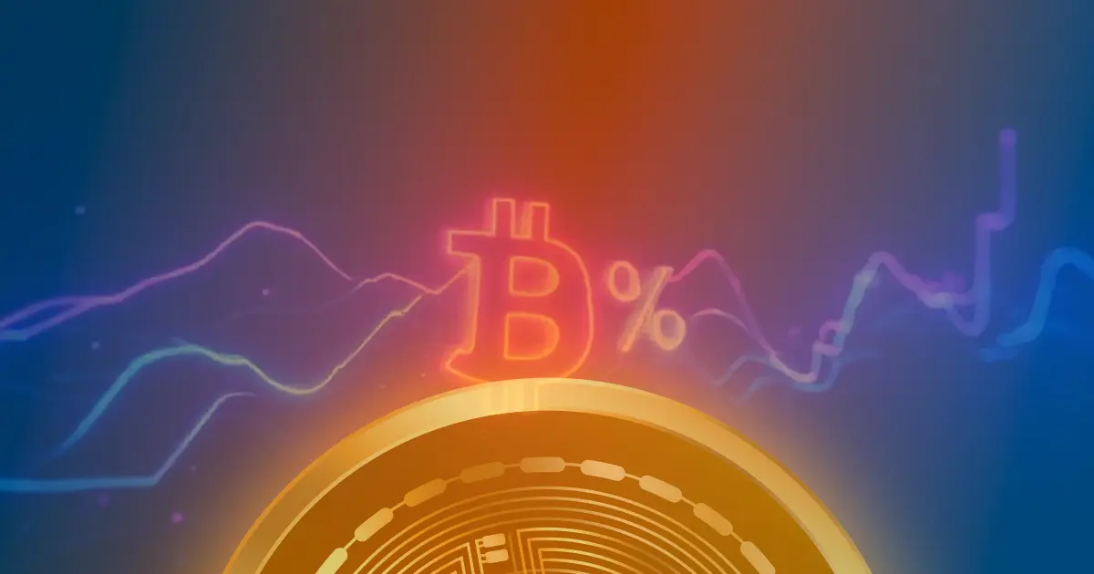 Gráfico abstrato de criptomoedas com linhas de neon azul e roxo formando um gráfico de alta de 50% em fundo escuro.