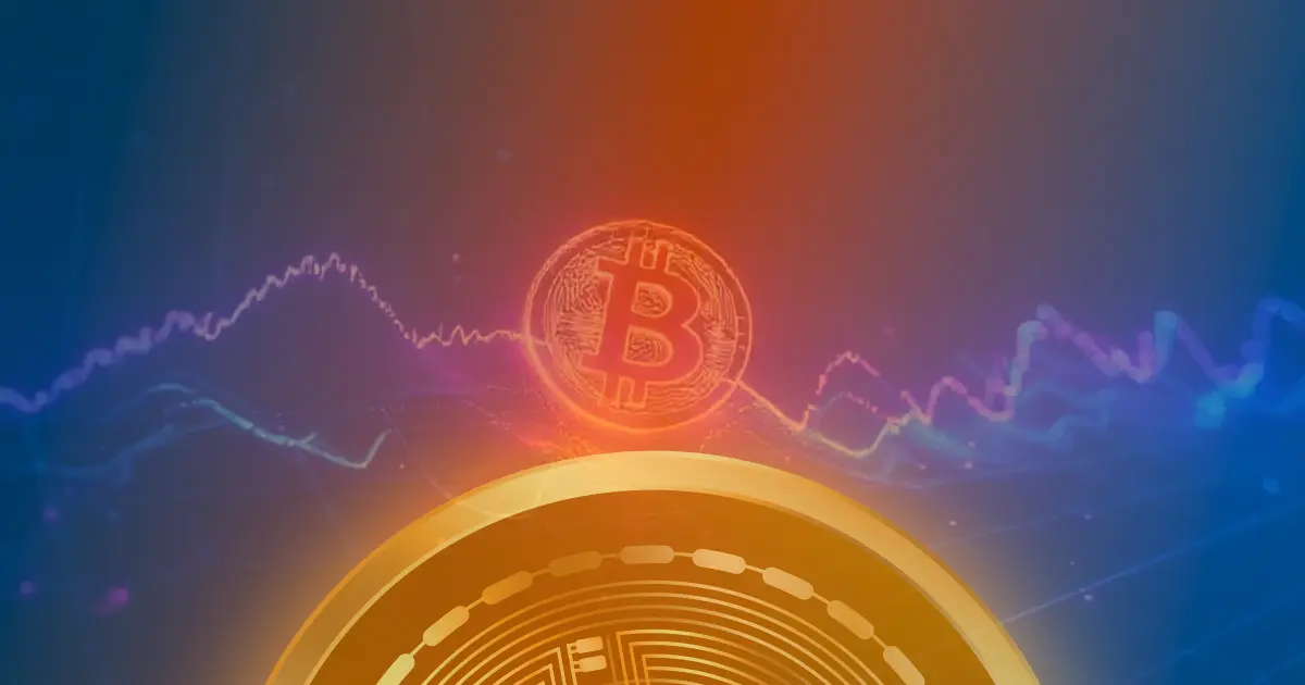 Gráfico de criptomoedas com linhas de neon e dados integrados a um gráfico de mercado, em cores vibrantes de azul e roxo sobre fundo escuro.